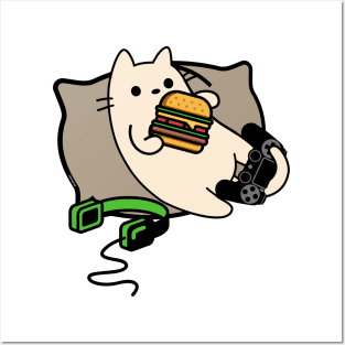 Gamer cat eating hamburger game loading Posters and Art